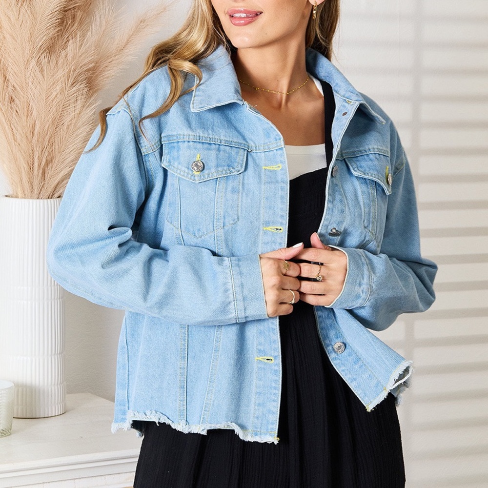 NEW Double Take Light Wash Denim Oversized Dropped Shoulder Raw Hem Jean Jacket